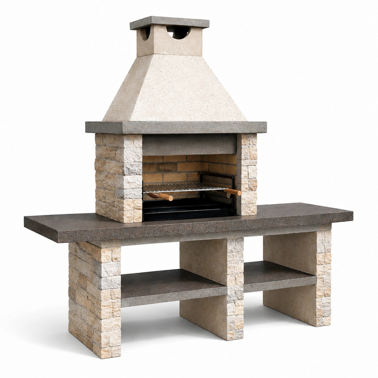 Murowany grill ogrodowy z betonu i kamienia beżowy/czarny 180x120x65 cm